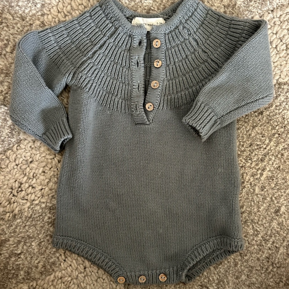 Quincy Mae Blue Knit Baby Romper with Buttons